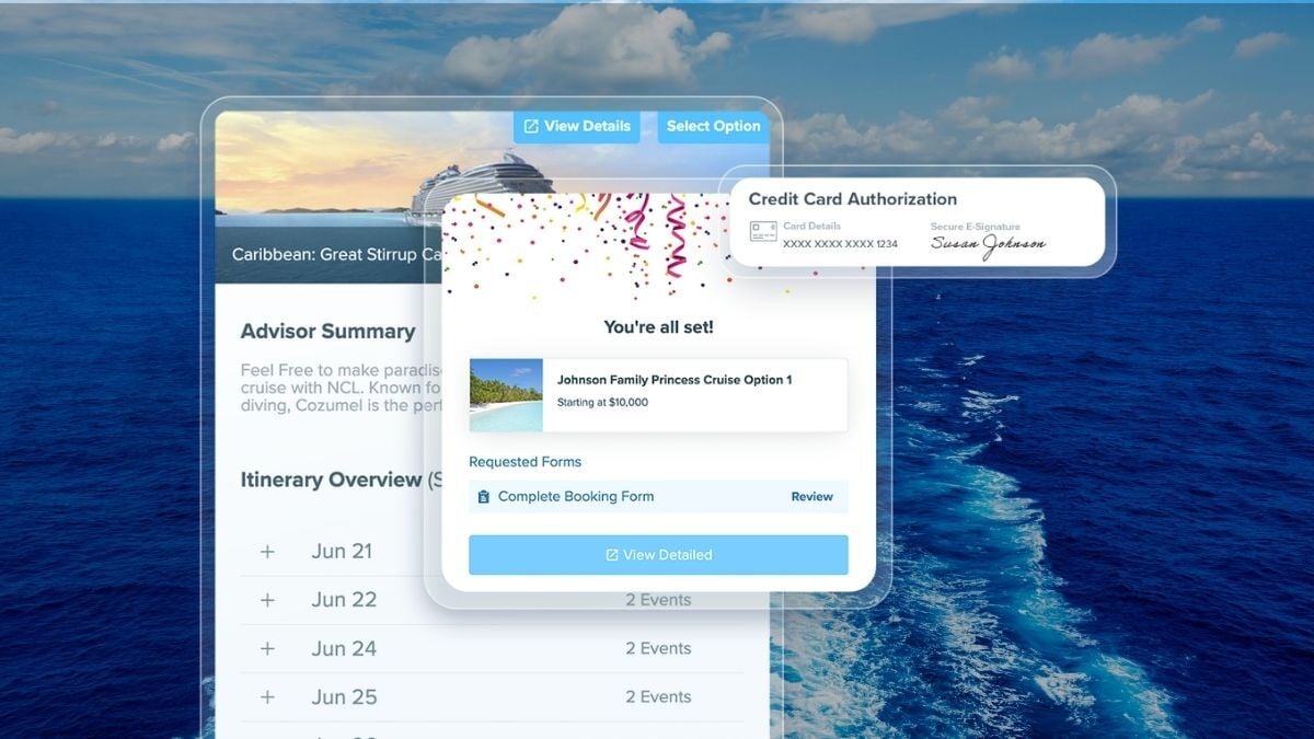 Travefy proposal and itinerary screens over an ocean view