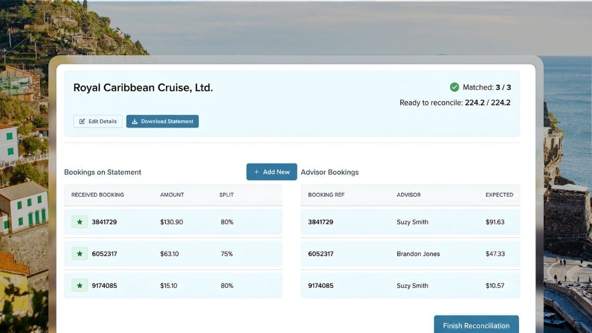 Travefy commission reconciliation screen over a coastal town